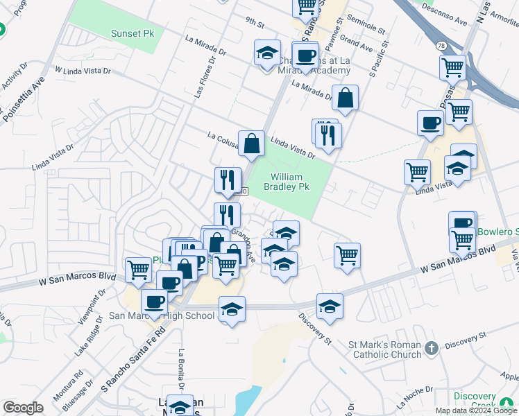 map of restaurants, bars, coffee shops, grocery stores, and more near 516 Debra Place in San Marcos