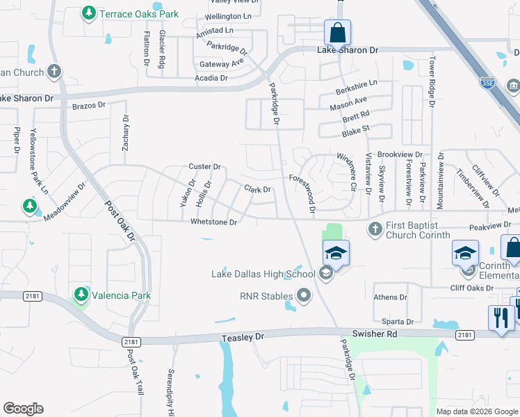 map of restaurants, bars, coffee shops, grocery stores, and more near 2708 Cherokee Trail in Corinth