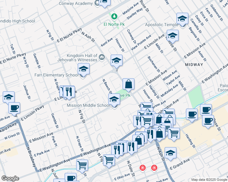 map of restaurants, bars, coffee shops, grocery stores, and more near 859 Milane Lane in Escondido