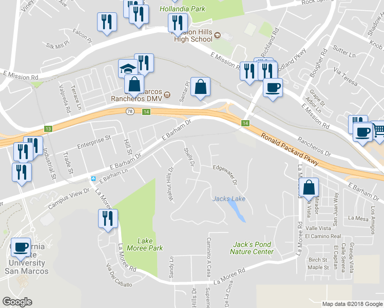 map of restaurants, bars, coffee shops, grocery stores, and more near 374 Edgewater Drive in San Marcos