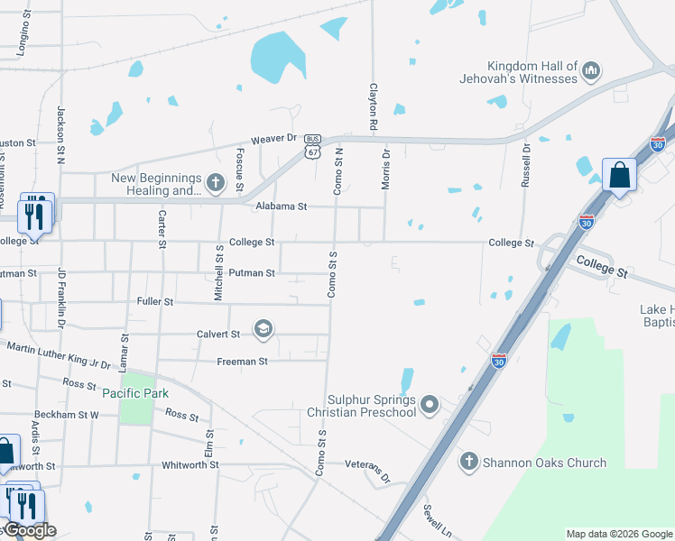 map of restaurants, bars, coffee shops, grocery stores, and more near 120 Como Street South in Sulphur Springs