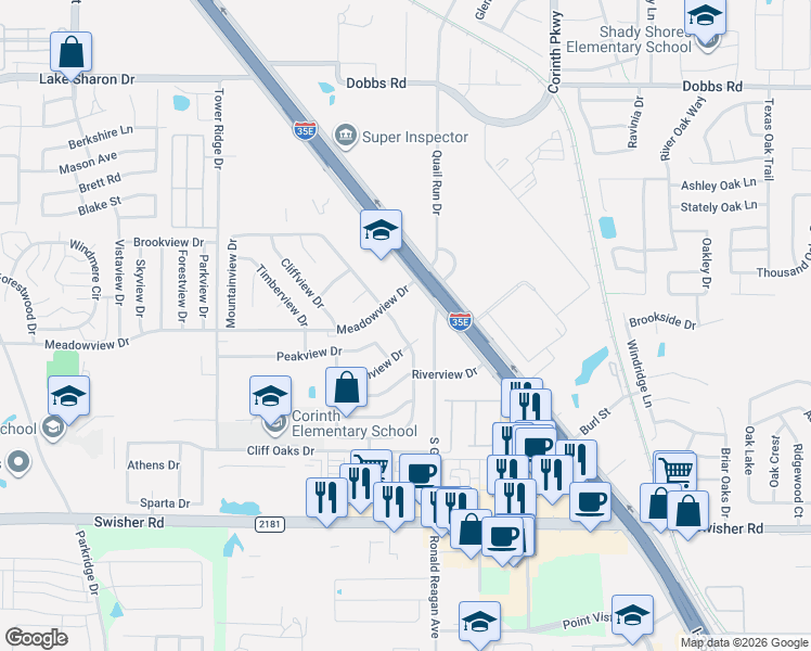 map of restaurants, bars, coffee shops, grocery stores, and more near 3608 Fairview Drive in Corinth