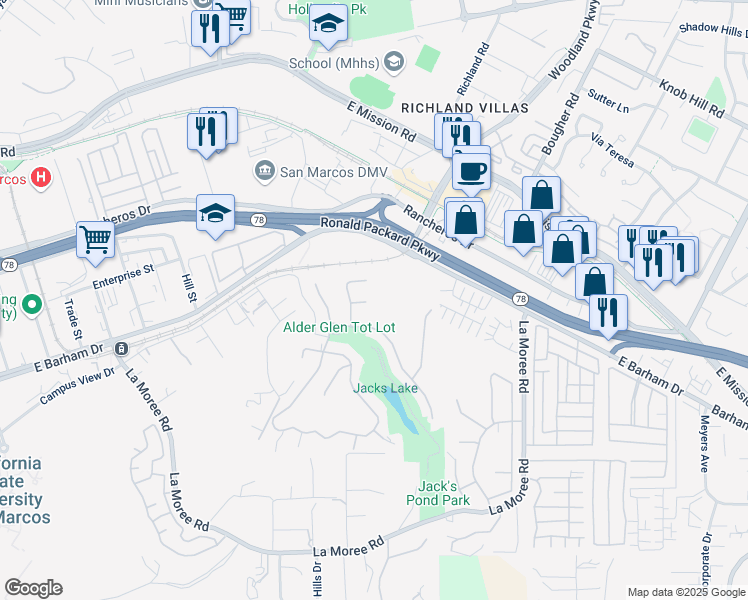 map of restaurants, bars, coffee shops, grocery stores, and more near 610 Hillside Way in San Marcos