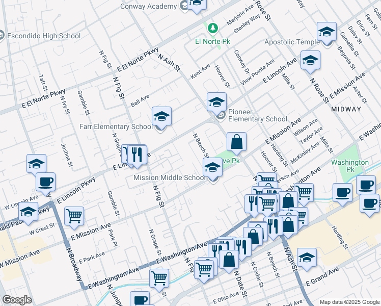 map of restaurants, bars, coffee shops, grocery stores, and more near 917 North Cedar Street in Escondido