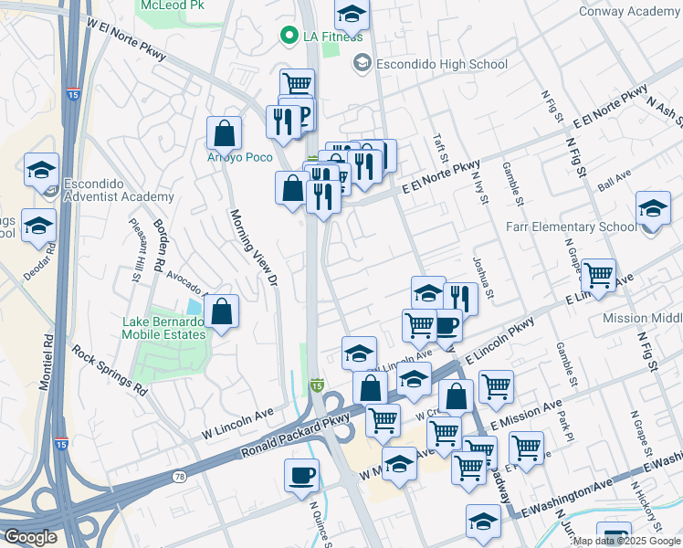 map of restaurants, bars, coffee shops, grocery stores, and more near 264 Espanas Glen in Escondido