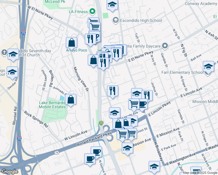 map of restaurants, bars, coffee shops, grocery stores, and more near 264 Espanas Glen in Escondido