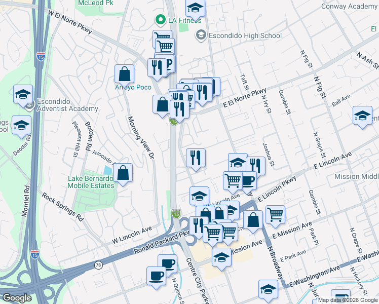 map of restaurants, bars, coffee shops, grocery stores, and more near 264 Espanas Glen in Escondido