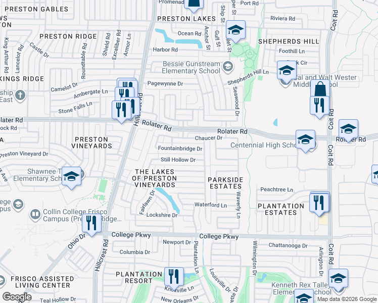map of restaurants, bars, coffee shops, grocery stores, and more near 11451 Fountainbridge Drive in Frisco