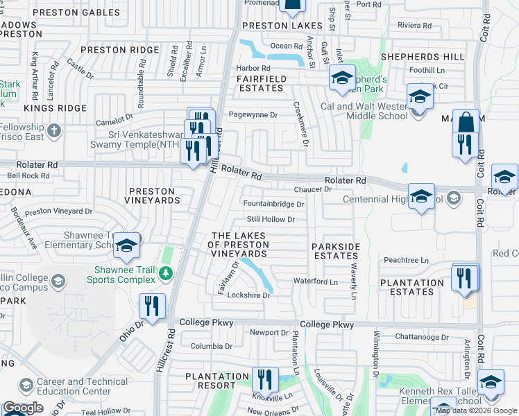 map of restaurants, bars, coffee shops, grocery stores, and more near 11289 Fountainbridge Drive in Frisco