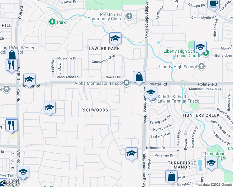 map of restaurants, bars, coffee shops, grocery stores, and more near 14160 Devenish Drive in Frisco