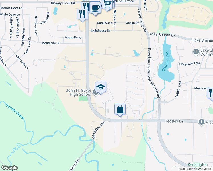 map of restaurants, bars, coffee shops, grocery stores, and more near 7501 Teasley Lane in Denton