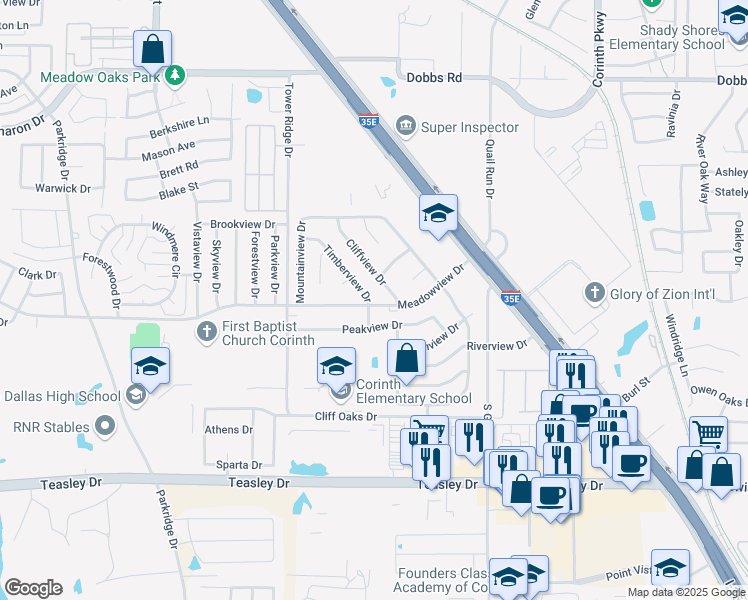 map of restaurants, bars, coffee shops, grocery stores, and more near 3402 Meadowview Drive in Corinth