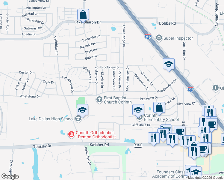 map of restaurants, bars, coffee shops, grocery stores, and more near 2712 Forestview Drive in Corinth