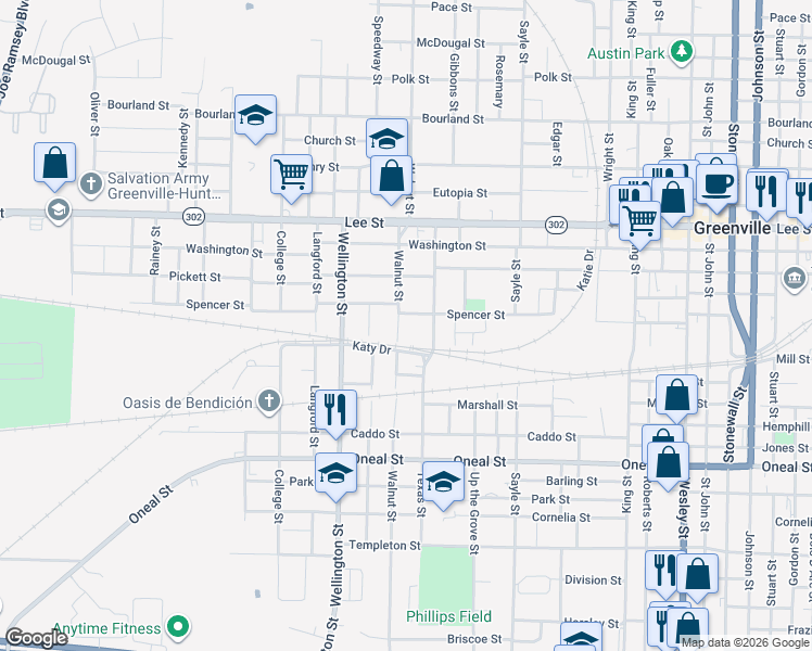 map of restaurants, bars, coffee shops, grocery stores, and more near 2917 Walnut Street in Greenville