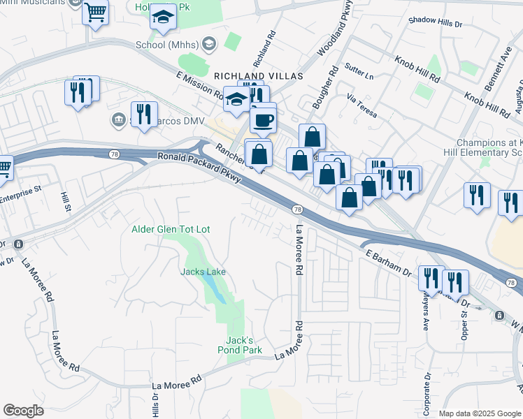 map of restaurants, bars, coffee shops, grocery stores, and more near 1804 Mountain Laurel Road in San Marcos
