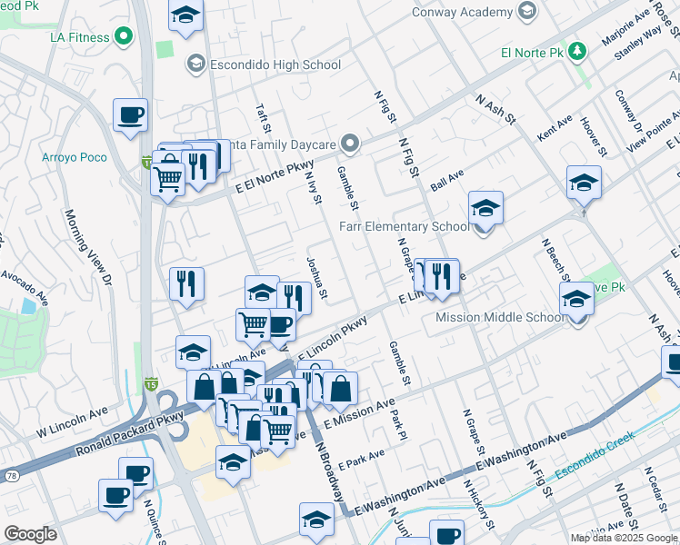 map of restaurants, bars, coffee shops, grocery stores, and more near 1049 North Ivy Street in Escondido