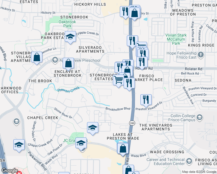 map of restaurants, bars, coffee shops, grocery stores, and more near 8618 Happy Hollow Drive in Frisco