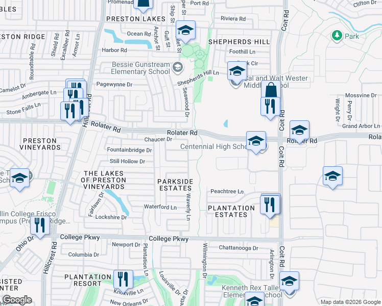 map of restaurants, bars, coffee shops, grocery stores, and more near 7046 Waverly Lane in Frisco