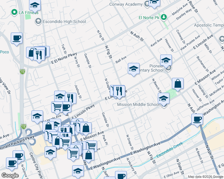 map of restaurants, bars, coffee shops, grocery stores, and more near 1045 North Grape Street in Escondido