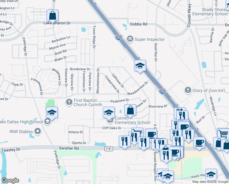 map of restaurants, bars, coffee shops, grocery stores, and more near 3306 Meadowview Drive in Corinth