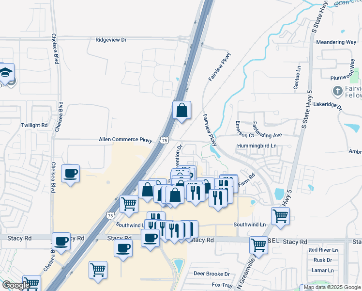 map of restaurants, bars, coffee shops, grocery stores, and more near 220 Convention Drive in Fairview