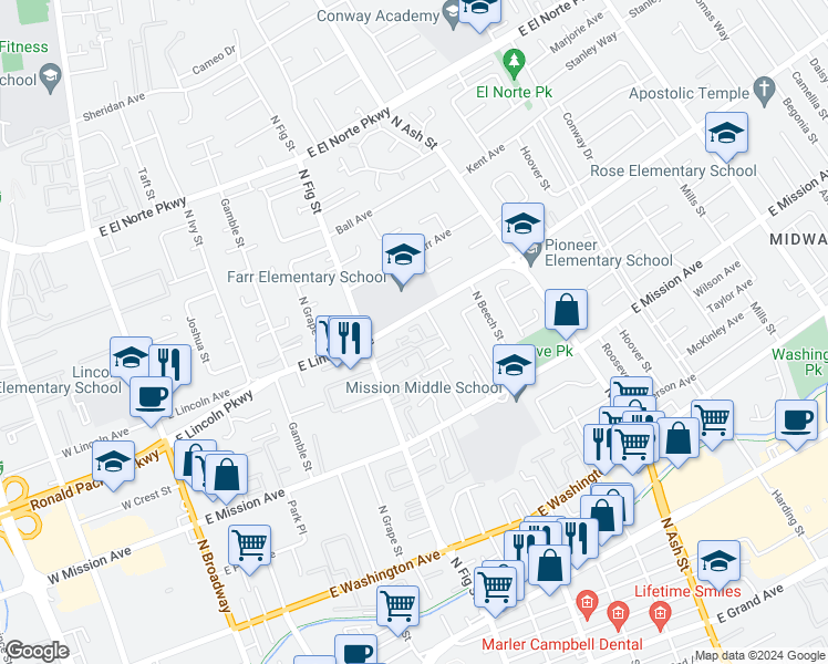 map of restaurants, bars, coffee shops, grocery stores, and more near 931 Martin Drive in Escondido