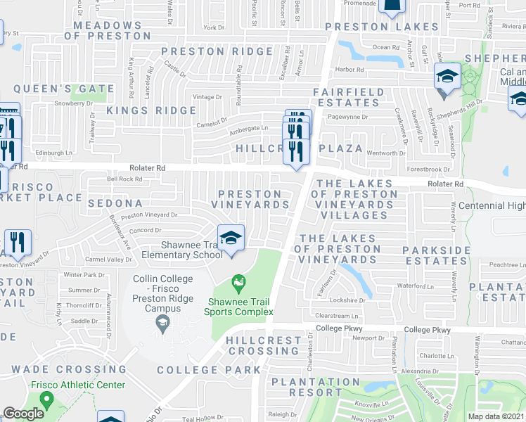 map of restaurants, bars, coffee shops, grocery stores, and more near 7005 Stone Hearth Drive in Frisco
