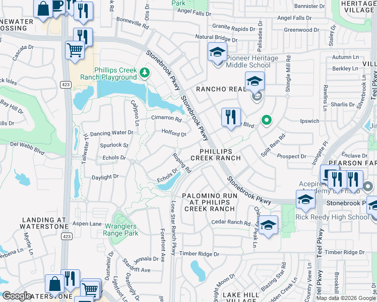 map of restaurants, bars, coffee shops, grocery stores, and more near 1302 Bridle Boulevard in Frisco