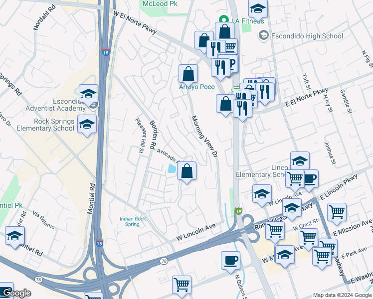 map of restaurants, bars, coffee shops, grocery stores, and more near 1228 Soria Glen in Escondido