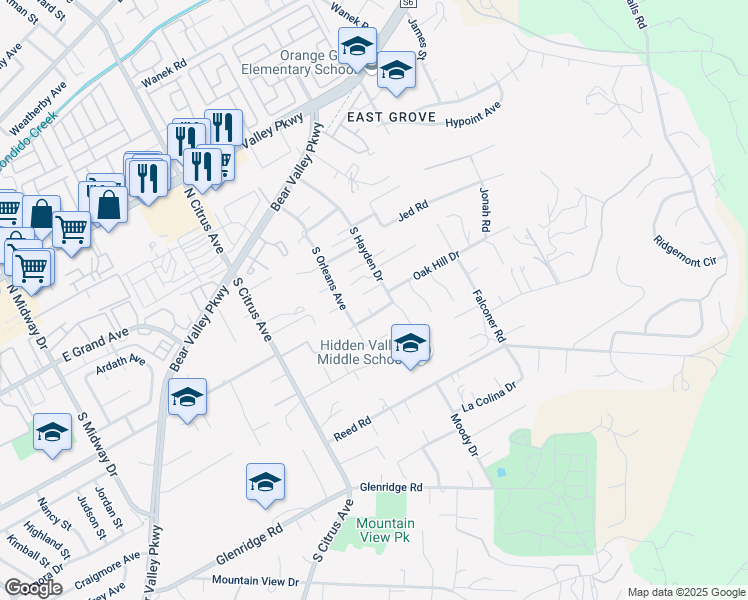 map of restaurants, bars, coffee shops, grocery stores, and more near 520 Topaz Court in Escondido