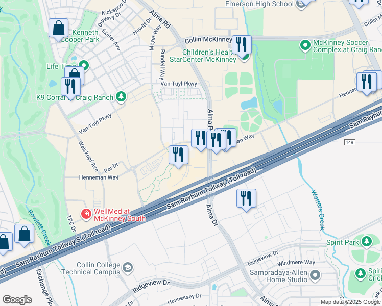 map of restaurants, bars, coffee shops, grocery stores, and more near 7201 Henneman Way in McKinney