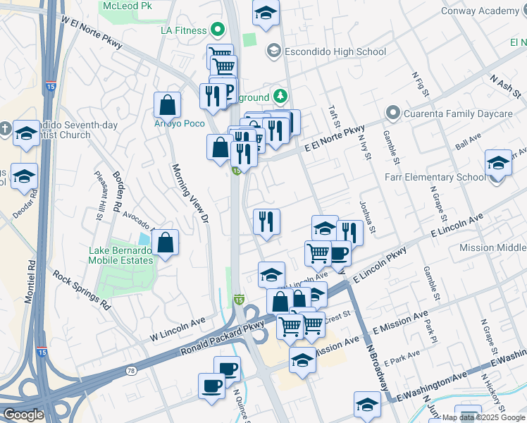 map of restaurants, bars, coffee shops, grocery stores, and more near 250 Espanas Glen in Escondido