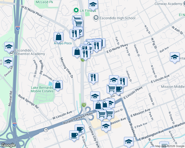 map of restaurants, bars, coffee shops, grocery stores, and more near 250 Espanas Glen in Escondido