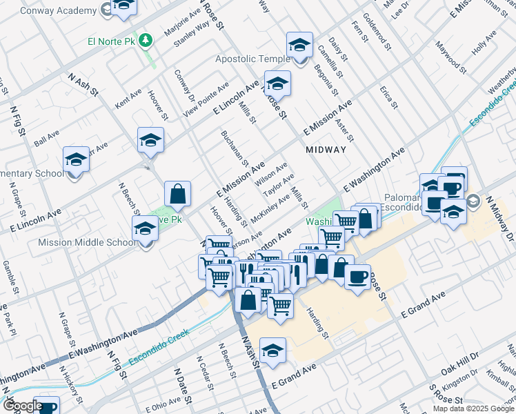 map of restaurants, bars, coffee shops, grocery stores, and more near 1339 Taylor Place in Escondido