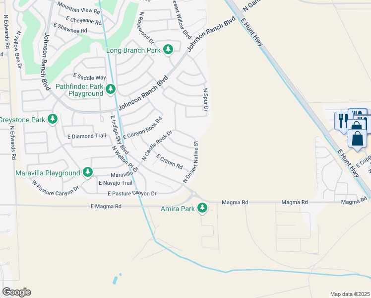 map of restaurants, bars, coffee shops, grocery stores, and more near 1127 East Nickleback Street in Queen Creek