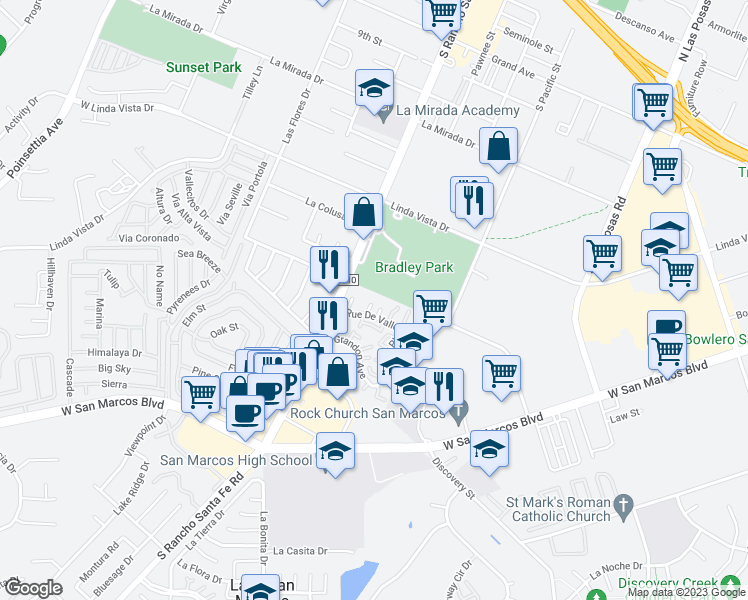 map of restaurants, bars, coffee shops, grocery stores, and more near 512 Margie Place in San Marcos