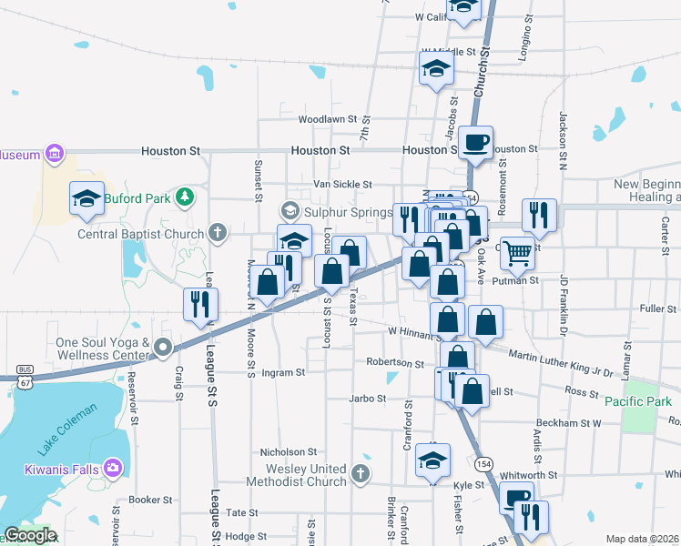 map of restaurants, bars, coffee shops, grocery stores, and more near 517 Main Street in Sulphur Springs