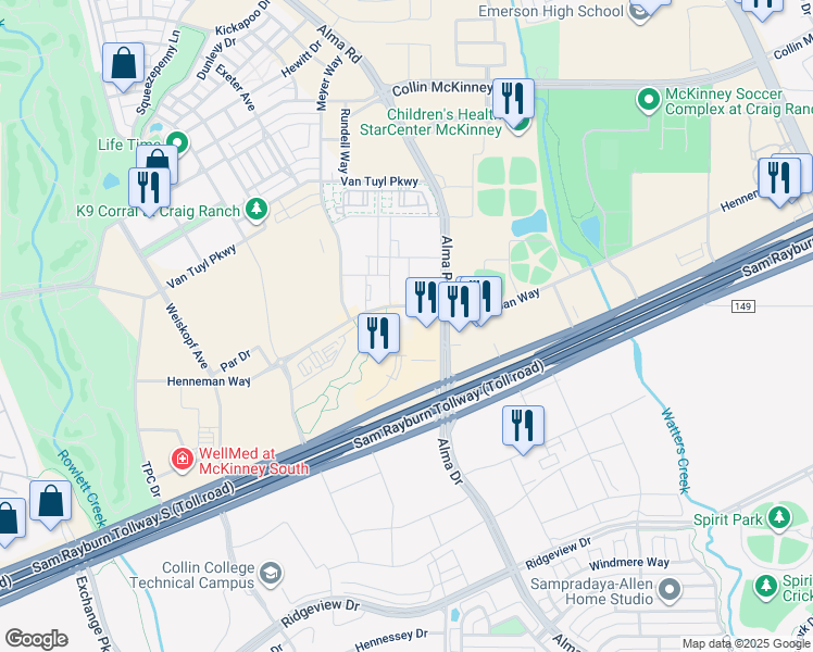 map of restaurants, bars, coffee shops, grocery stores, and more near 7201 Henneman Way in McKinney