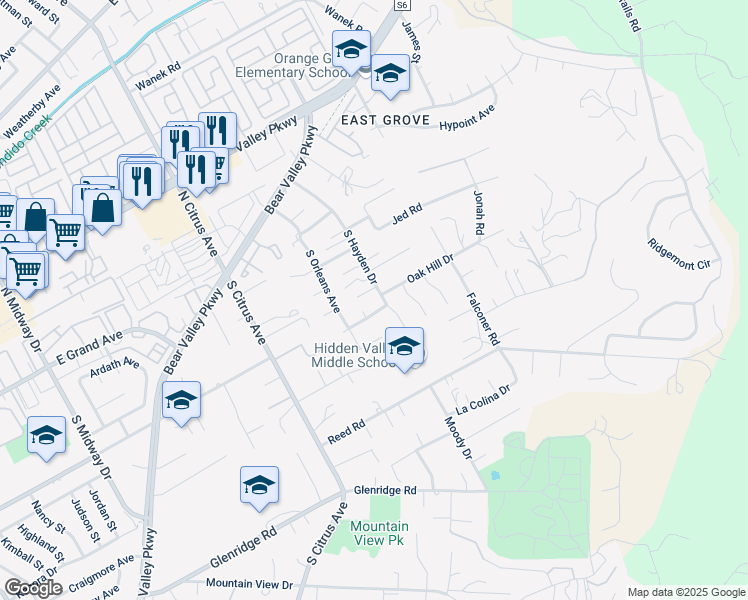 map of restaurants, bars, coffee shops, grocery stores, and more near 505 South Hayden Drive in Escondido