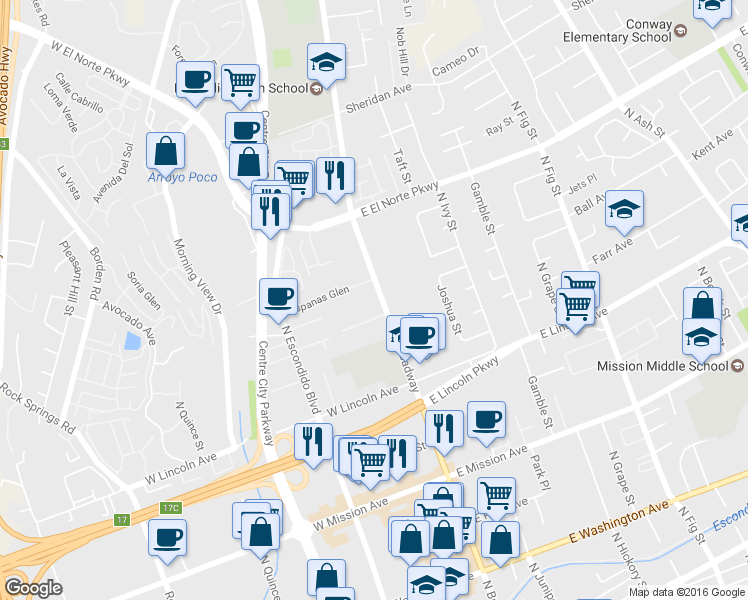 map of restaurants, bars, coffee shops, grocery stores, and more near 1141 North Broadway in Escondido