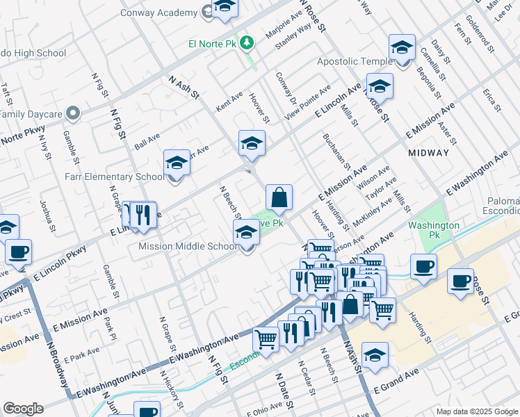 map of restaurants, bars, coffee shops, grocery stores, and more near 1139 Sander Court in Escondido