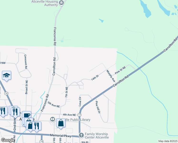 map of restaurants, bars, coffee shops, grocery stores, and more near 1919 Elm Street Northeast in Aliceville