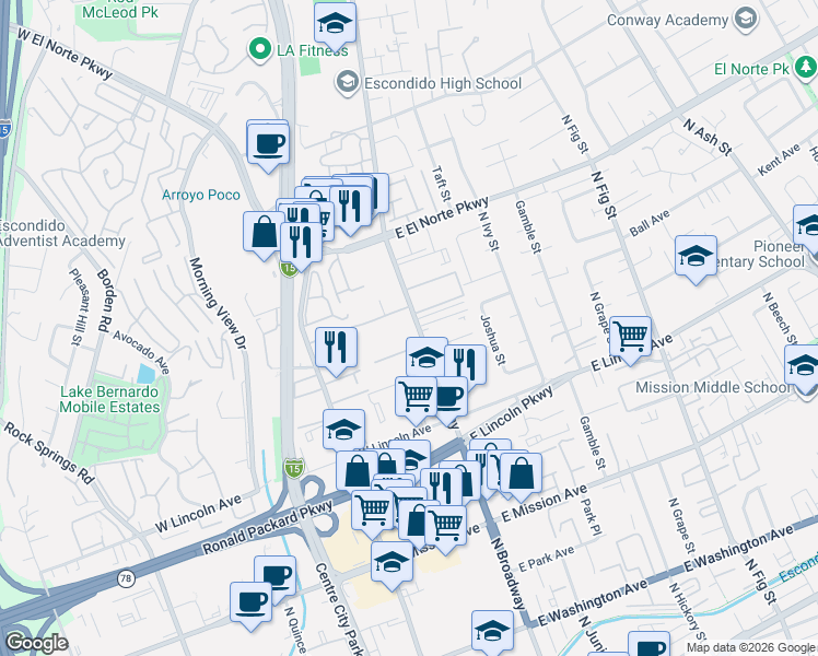 map of restaurants, bars, coffee shops, grocery stores, and more near 1143 North Broadway in Escondido