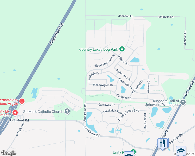 map of restaurants, bars, coffee shops, grocery stores, and more near 5908 Greenmeadow Drive in Argyle
