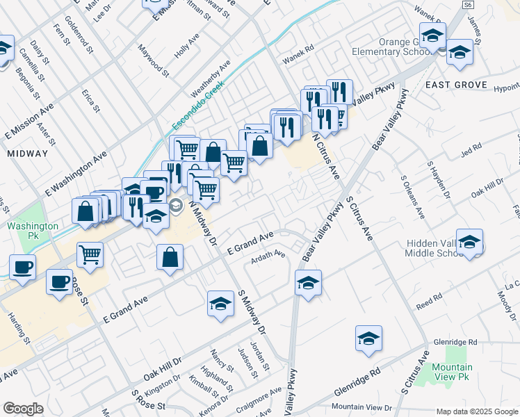 map of restaurants, bars, coffee shops, grocery stores, and more near 260 North Midway Drive in Escondido