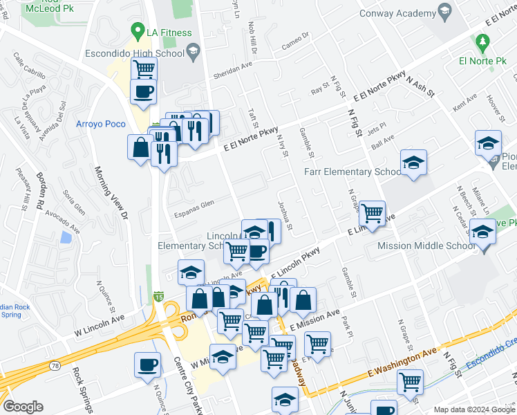 map of restaurants, bars, coffee shops, grocery stores, and more near 1122 North Broadway in Escondido
