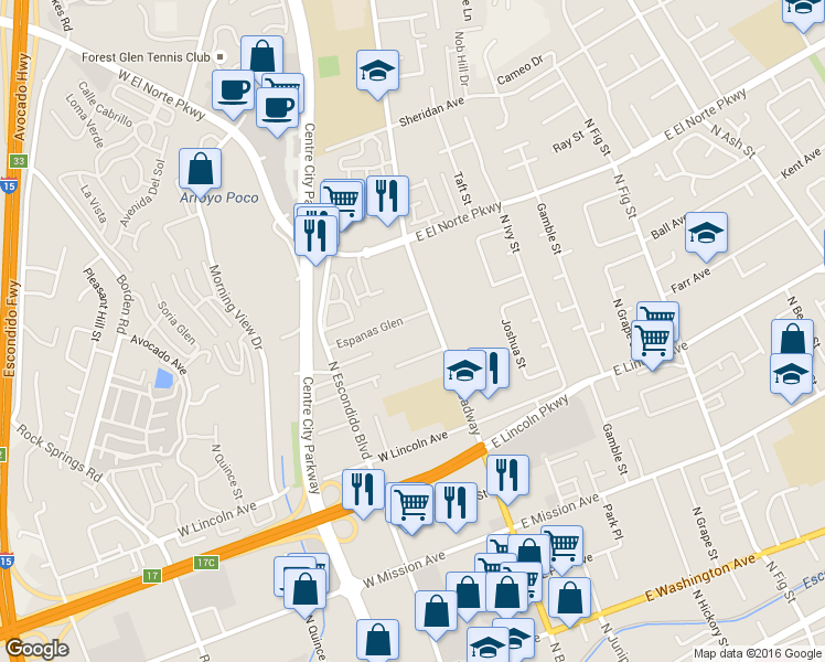 map of restaurants, bars, coffee shops, grocery stores, and more near 1141 North Broadway in Escondido
