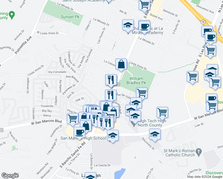 map of restaurants, bars, coffee shops, grocery stores, and more near 544 South Rancho Santa Fe Road in San Marcos