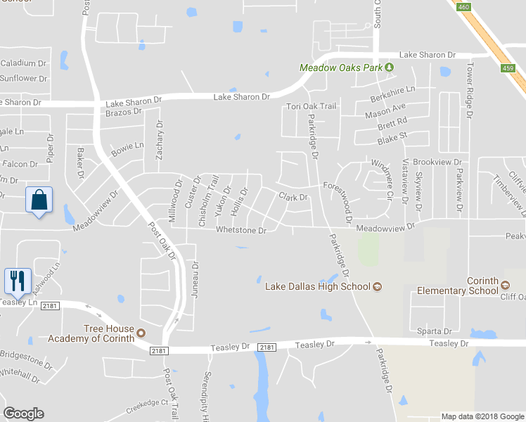 map of restaurants, bars, coffee shops, grocery stores, and more near 2809 Geronimo Drive in Denton