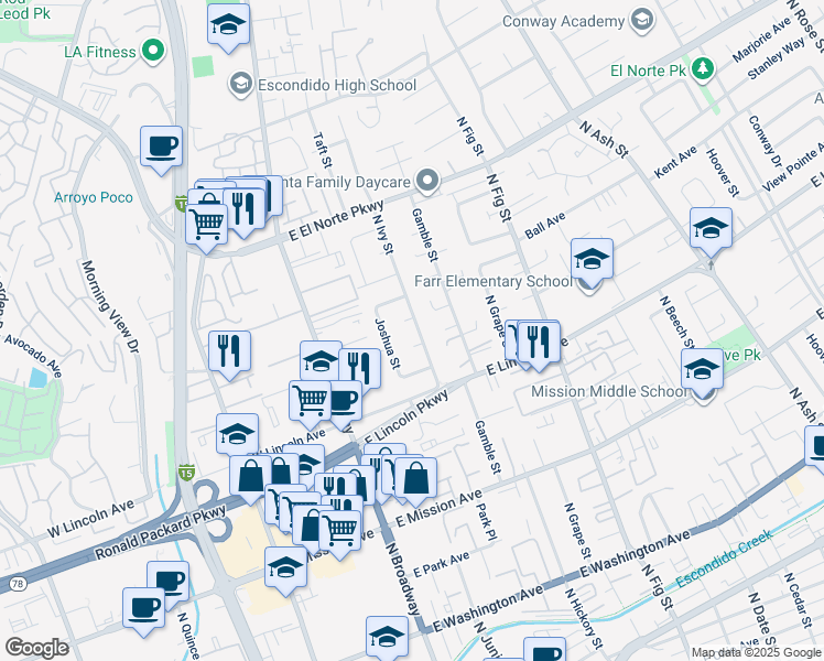 map of restaurants, bars, coffee shops, grocery stores, and more near 1103 North Ivy Street in Escondido